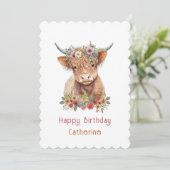 Cute Highland Koe Floral Birthday Name Waterverf Kaart (Staand voorkant)