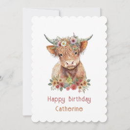 Cute Highland Koe Floral Birthday Name Waterverf Kaart