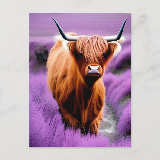 Cute Highland Koe in Lavender Field Briefkaart (Voorkant)