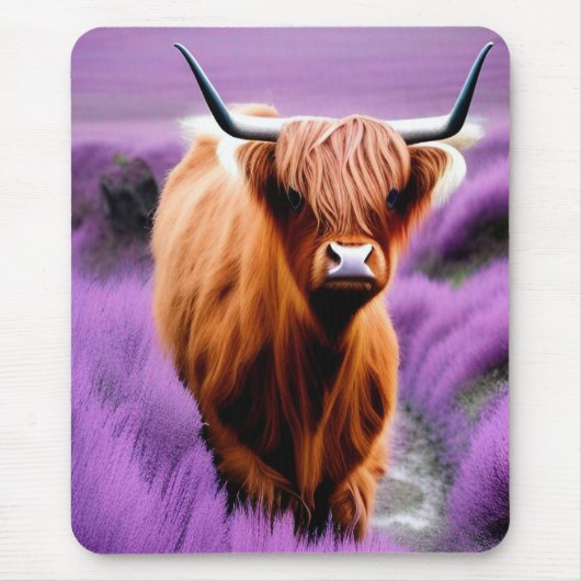 Cute Highland Koe in Lavender Field er Muismat (Voorkant)