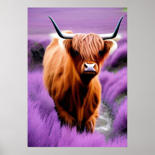Cute Highland Koe in Lavender Field Poster