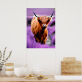 Cute Highland Koe in Lavender Field Poster (Keuken)