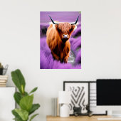Cute Highland Koe in Lavender Field Poster (Thuiskantoor)