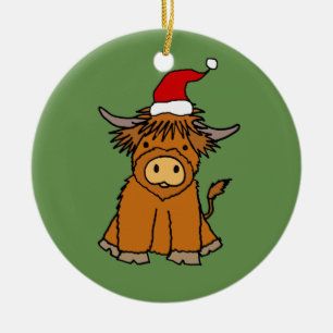 Cute Highland Koe in Santa hat Kerstmis Keramisch Ornament