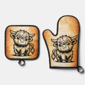 Cute Highland Koe Ovenwant & Pannenlap Set (Voorkant)