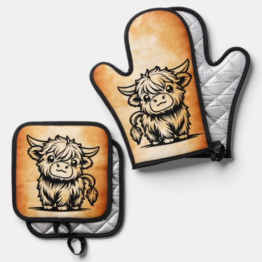 Cute Highland Koe Ovenwant & Pannenlap Set (Voorkant / Achterkant)