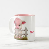 Cute Highland Koe Pink Floral Personalized Tweekleurige Koffiemok (Voorkant links)
