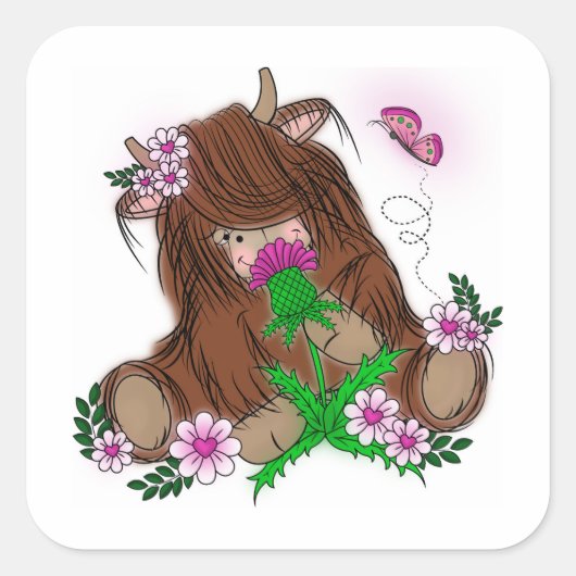 Cute Highland Koe Vierkante Sticker (Voorkant)