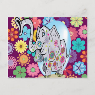 Cute Hippie Elephant met Colorful Flowers Briefkaart