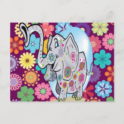 Cute Hippie Elephant met Colorful Flowers Briefkaart (Voorkant)