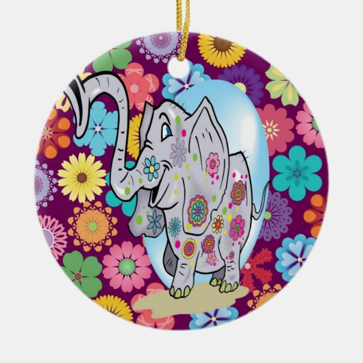 Cute Hippie Elephant met Colorful Flowers Keramisch Ornament (Voorkant)