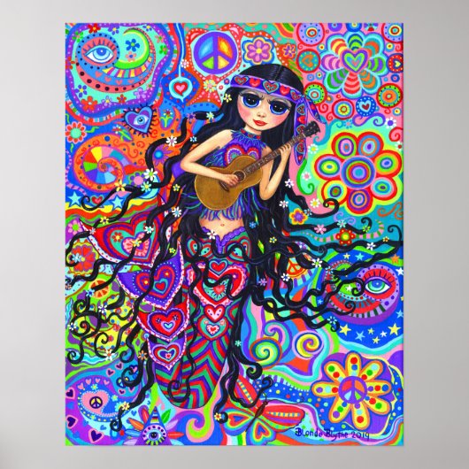Cute Hippie Mermaid Girl Doll Guitar Poster (Voorkant)