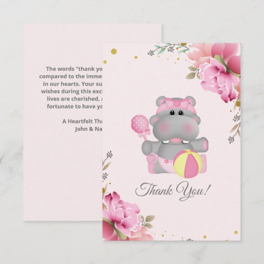Cute Hippo Baby shower Dank u Flat Kaart (Voorkant / Achterkant)
