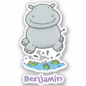 Cute hippo baby springende cartoon illustratieplek sticker (Voorkant)