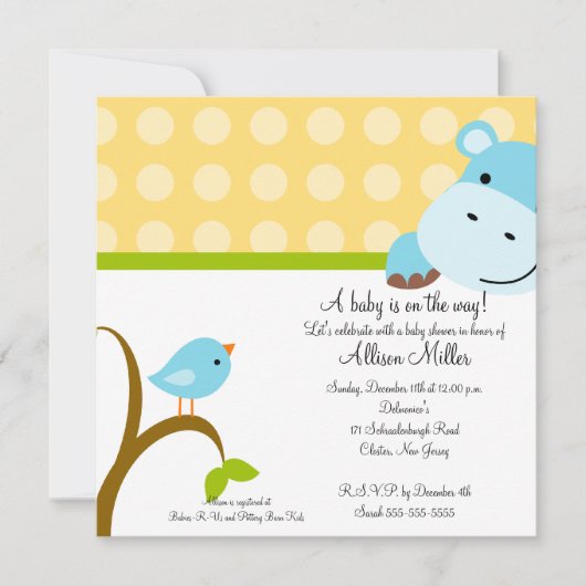 Cute Hippo & Birdie Baby shower Kaart (Voorkant)