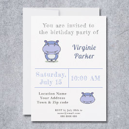 Cute Hippo Birthday Invitation Kaart