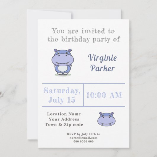 Cute Hippo Birthday Invitation Kaart (Achterkant)