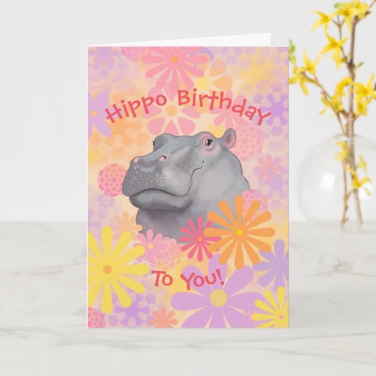 Cute Hippo Birthday Kaart (Gele Bloem)
