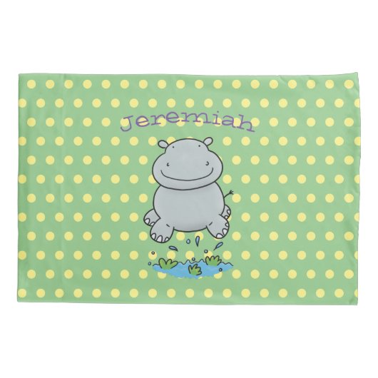 Cute hippo cartoon illustratie op groen kussensloop (Achterkant)