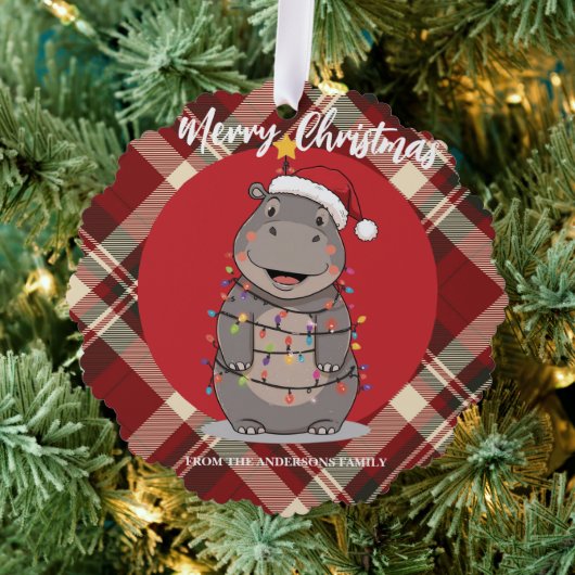 Cute Hippo Christmas tree zoo safari Xmas plaid pa Ornament Kaart (Insitu (Drie))
