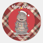 Cute Hippo Christmas tree zoo safari Xmas plaid pa Ronde Sticker (Voorkant)