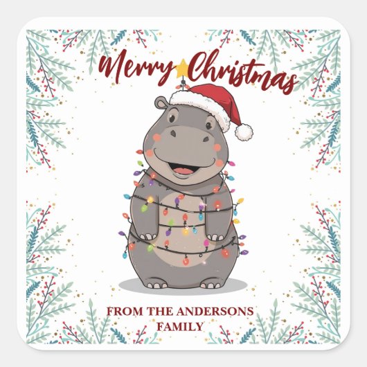 Cute Hippo Christmas tree zoo safari Xmas plaid pa Vierkante Sticker (Voorkant)