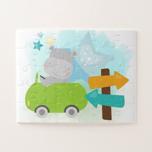 Cute Hippo Driving Green Car Childrens Legpuzzel (Horizontaal)