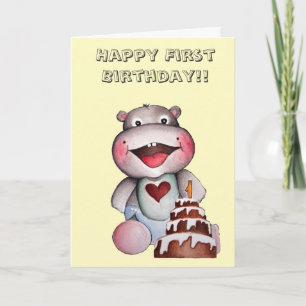 Cute Hippo First Birthday Card Kaart