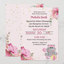 Cute Hippo Floral Baby Shower Invitations