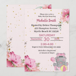 Cute Hippo Floral Baby Shower Invitations Kaart