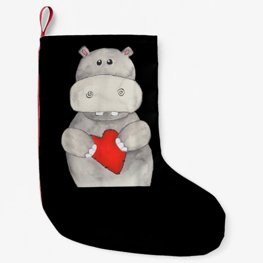Cute Hippo Hippopotamus Holding Heart | Love Hippo Kleine Kerstsok (Voorkant)