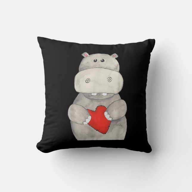 Cute Hippo Hippopotamus Holding Heart | Love Hippo Kussen (Voorkant)