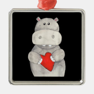 Cute Hippo Hippopotamus Holding Heart Love Hippo Metalen Ornament