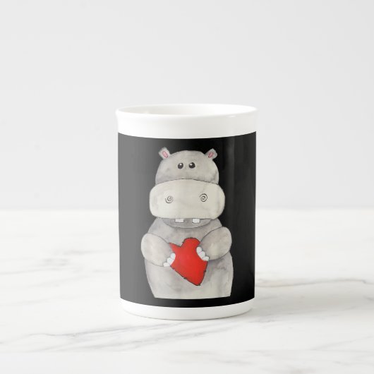 Cute Hippo Hippopotamus Holding Heart | Love Hippo Porselein Kop (Voorkant)