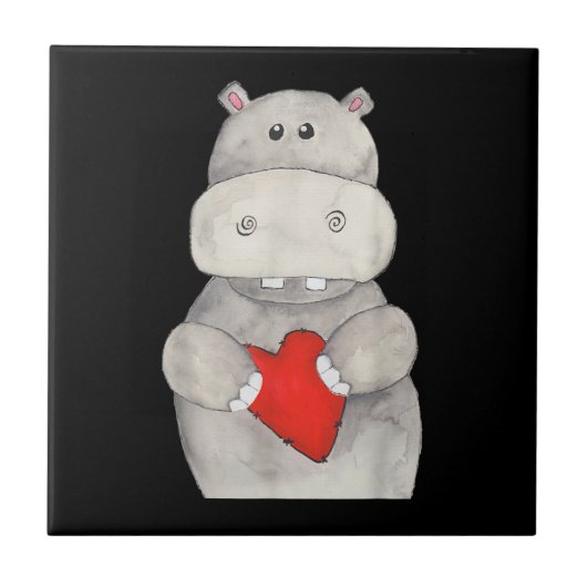 Cute Hippo Hippopotamus Holding Heart | Love Hippo Tegeltje (Voorkant)