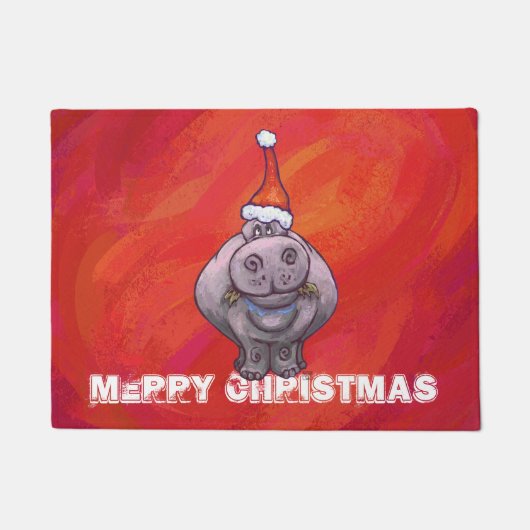 Cute Hippo in Santa Hat op Red Deurmat (Voorkant)