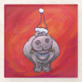 Cute Hippo in Santa Hat op Red Glazen Onderzetter (Voorkant)