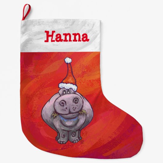 Cute Hippo in Santa Hat op Red Grote Kerstsok (Voorkant)