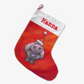 Cute Hippo in Santa Hat op Red Grote Kerstsok (Voorkant (Hangend))