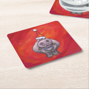 Cute Hippo in Santa Hat op Red Kartonnen Onderzetters