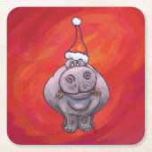 Cute Hippo in Santa Hat op Red Kartonnen Onderzetters (Voorkant)