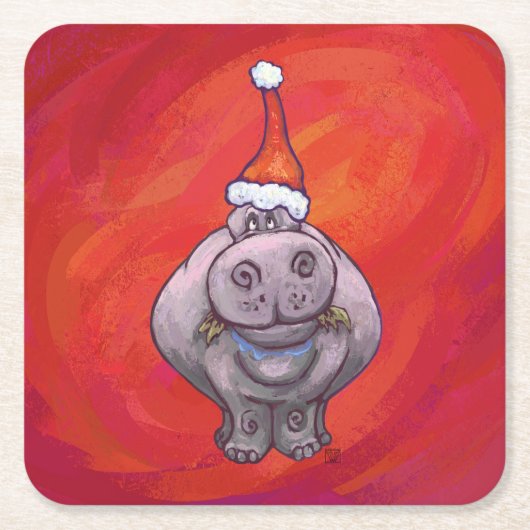 Cute Hippo in Santa Hat op Red Kartonnen Onderzetters (Voorkant)