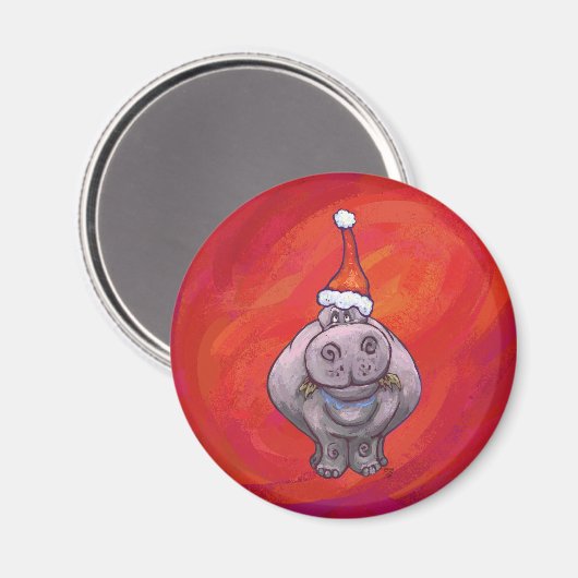 Cute Hippo in Santa Hat op Red Magneet (Voorkant / Achterkant)