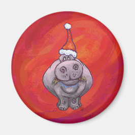Cute Hippo in Santa Hat op Red Magneet