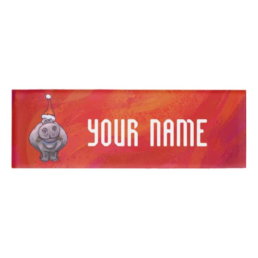 Cute Hippo in Santa Hat op Red Naambadge (Voorkant)