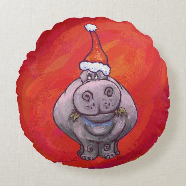 Cute Hippo in Santa Hat op Red Rond Kussen (Voorkant)