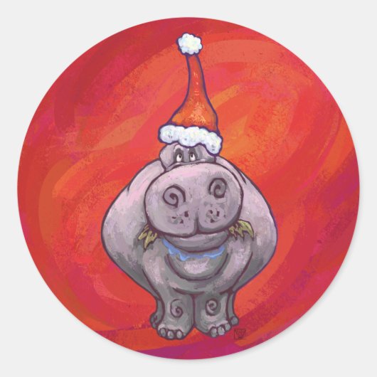 Cute Hippo in Santa Hat op Red Ronde Sticker (Voorkant)