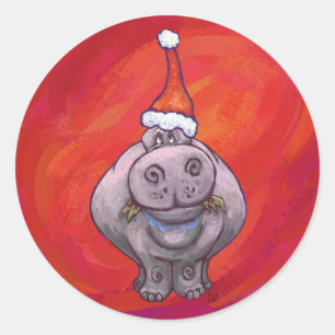 Cute Hippo in Santa Hat op Red Ronde Sticker