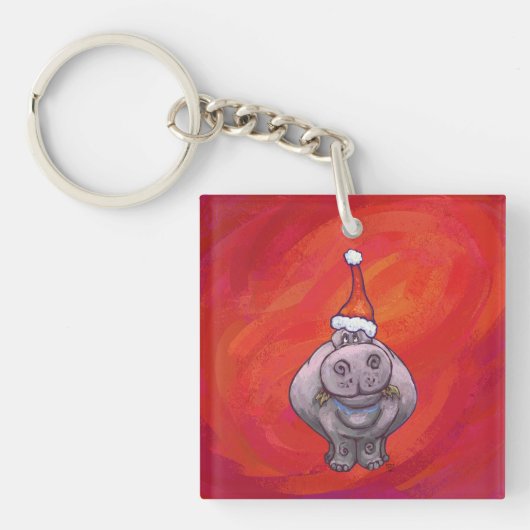 Cute Hippo in Santa Hat op Red Sleutelhanger (Voorkant)