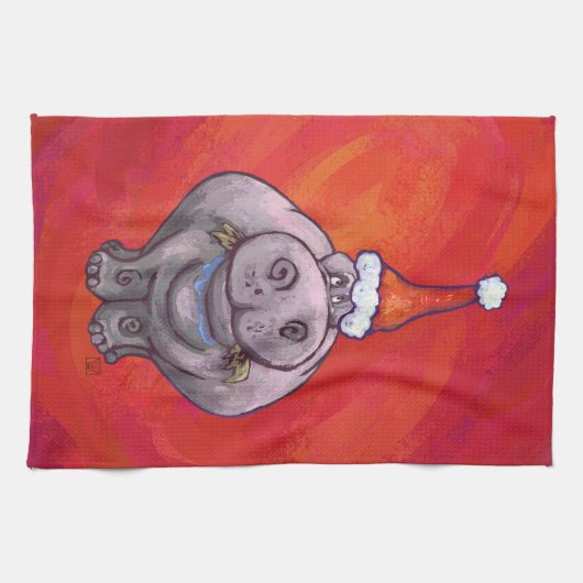 Cute Hippo in Santa Hat op Red Theedoek (Horizontaal)